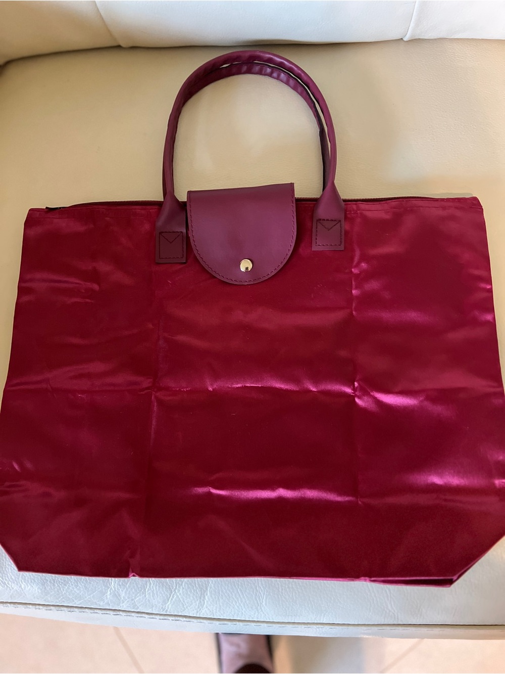 Foldable Burgundy Satin Travel Tote with Zipper Closure